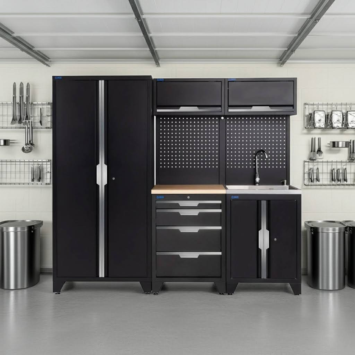 SGS 7pc Garage Storage System | 4 Drawers | Pressed Wood Worktop | Sink Unit | 2x Upper Cabinets | Tall Double Cabinet